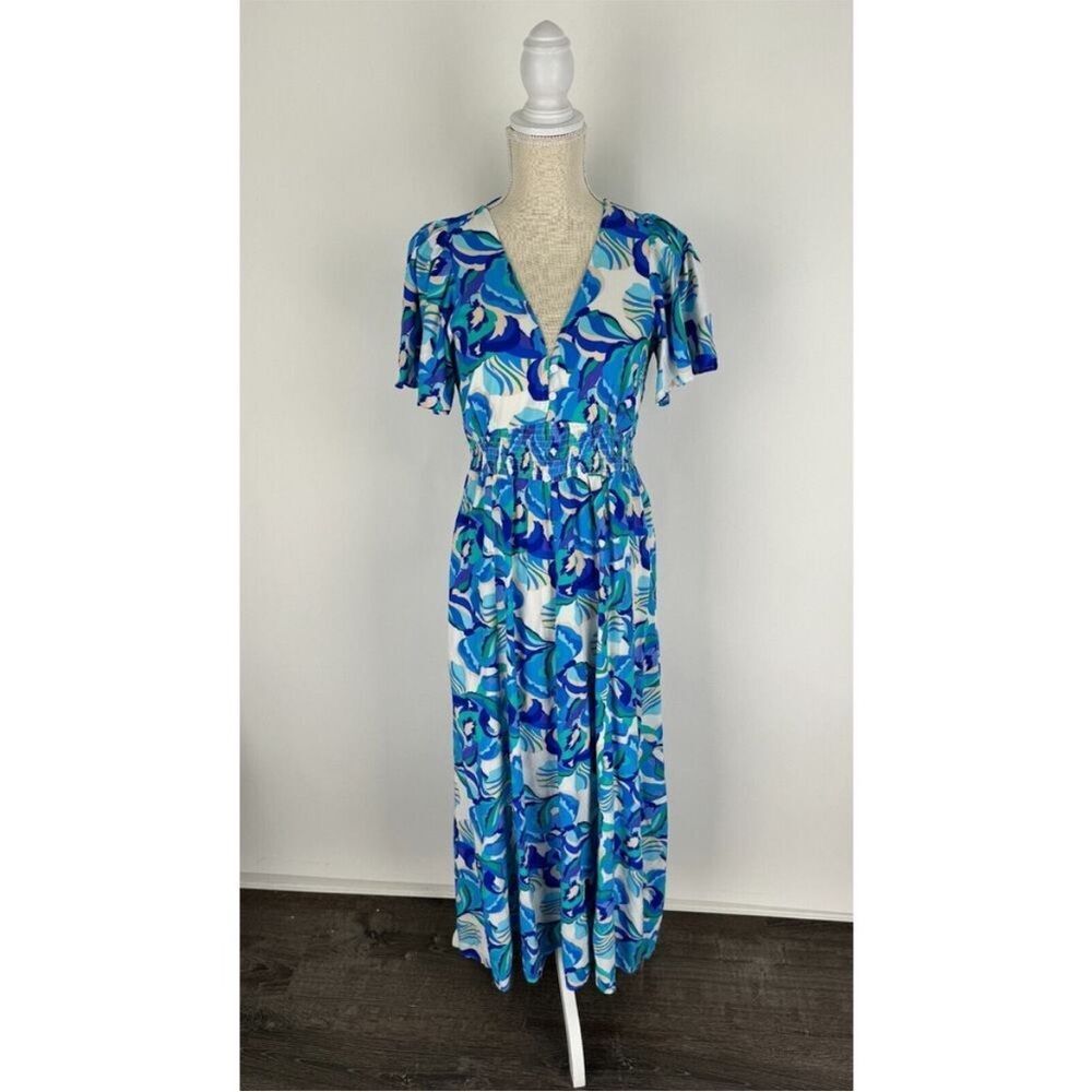 Abel The Label Womens Blue Floral Midi Dress Smocked Waist V Neck Size XS